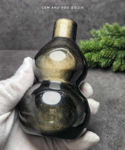 Gold Sheen Obsidian Carving Gourd(Wu Lou) 100mm*59mm 金曜石葫芦/金色黑曜石葫芦