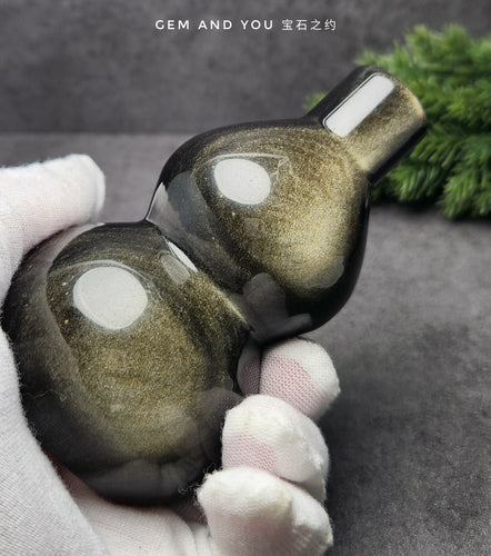 Gold Sheen Obsidian Carving Gourd(Wu Lou) 100mm*59mm 金曜石葫芦/金色黑曜石葫芦