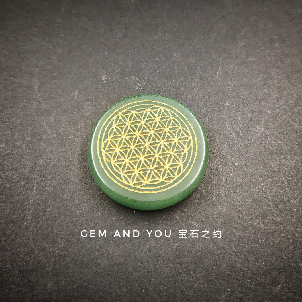 Green Aventurine Good Luck Palm Stone | Flower of Life-Diameter: 35mm Thickness:7mm