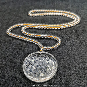 Clear Quartz Flower-of-Life Pendant(50mm*9mm) With clear quartz Necklace (5mm)
