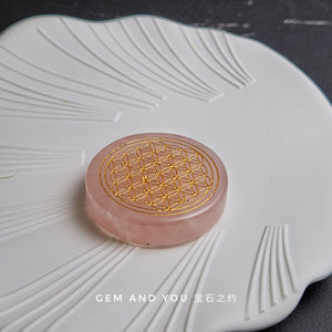 Rose Quartz Good Luck Palm Stone | Flower of Life-Diameter: 35mm Thickness:7mm