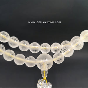 Clear Quartz 9mm Necklace 108 beads with carvings-The Great Compassion Mantra(Ta Pei Chou)