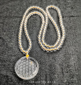 Clear Quartz Flower-of-Life Pendant(30mm*9mm) With clear quartz Necklace (5mm)