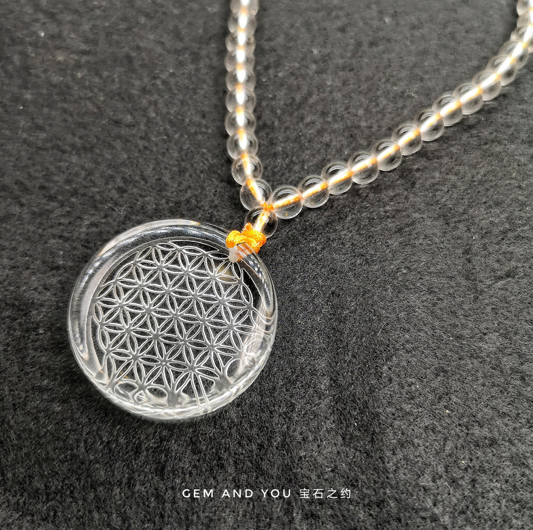 Clear Quartz Flower-of-Life Pendant(30mm*9mm) With clear quartz Necklace (5mm)